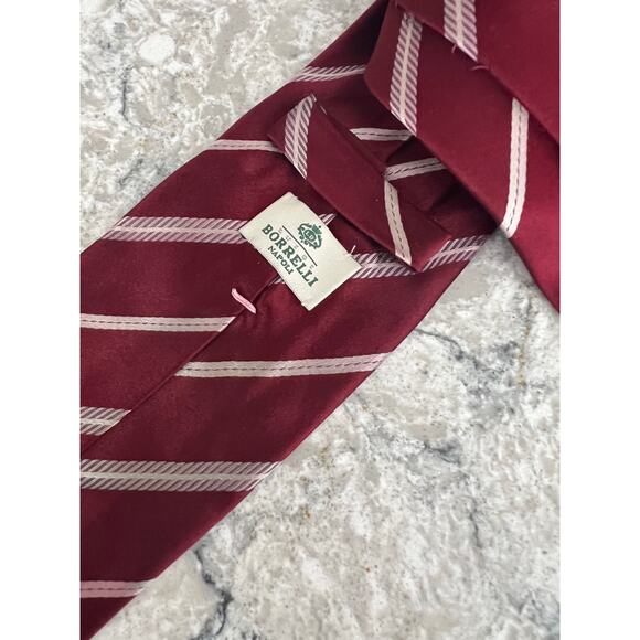 Luigi Borrelli Napoli Silk Neck Tie Made in Italy Maroon Red Pink Stripes JP - Picture 5 of 6